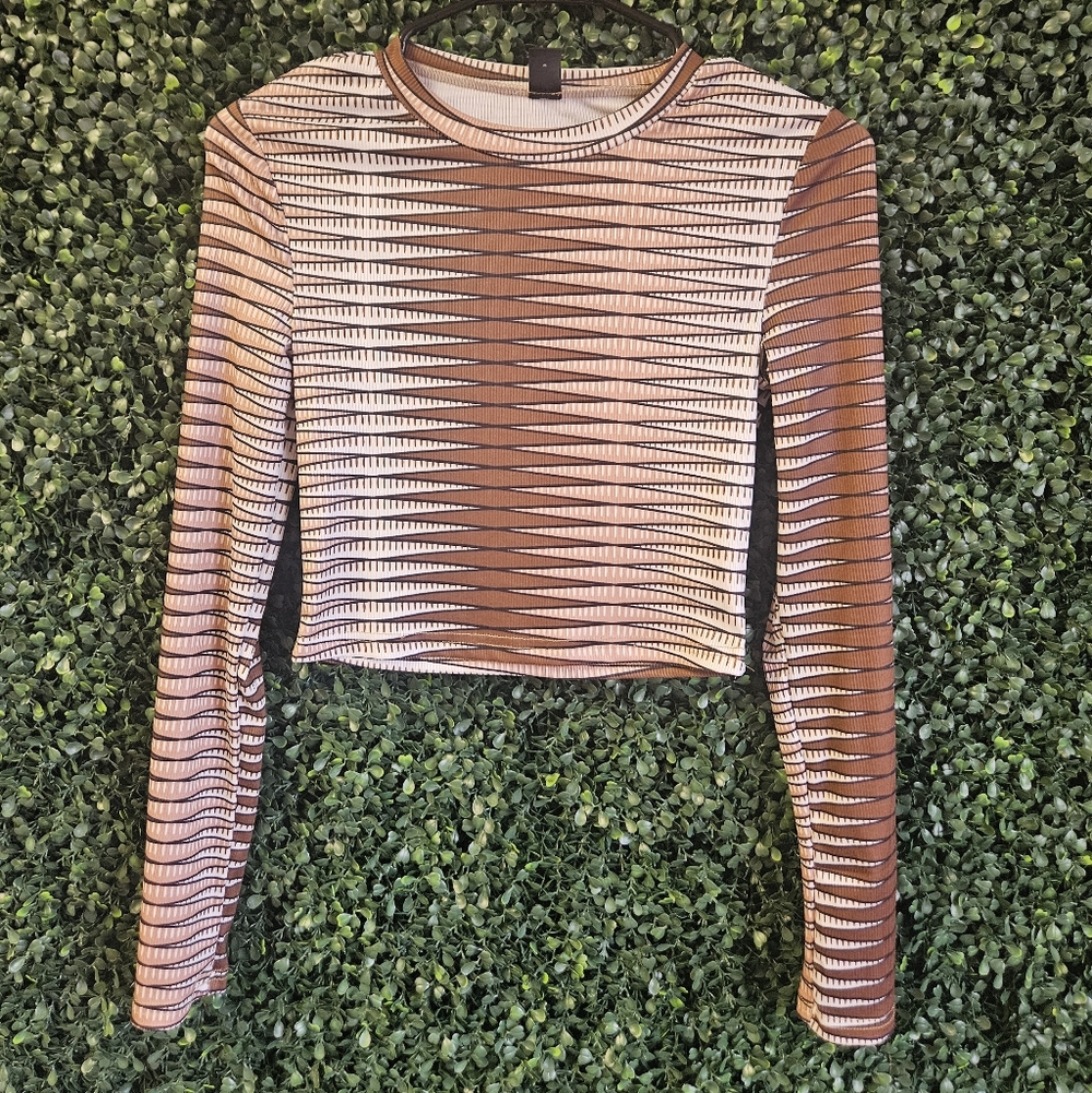 Womens XS Brown Striped Fitted Shein Long Sleeve Crop Top